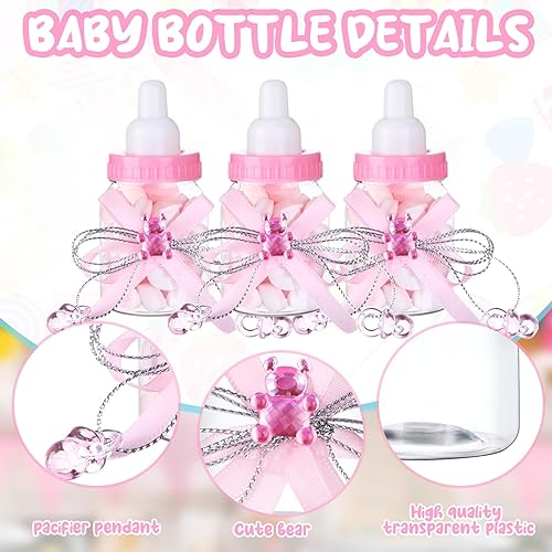Miniatura 9 de 80 mini botellas de leche para bebé de 3.5 pulgadas, recuerdo de baby shower con pequeño oso de plástico con cinta para decoración de fiesta de