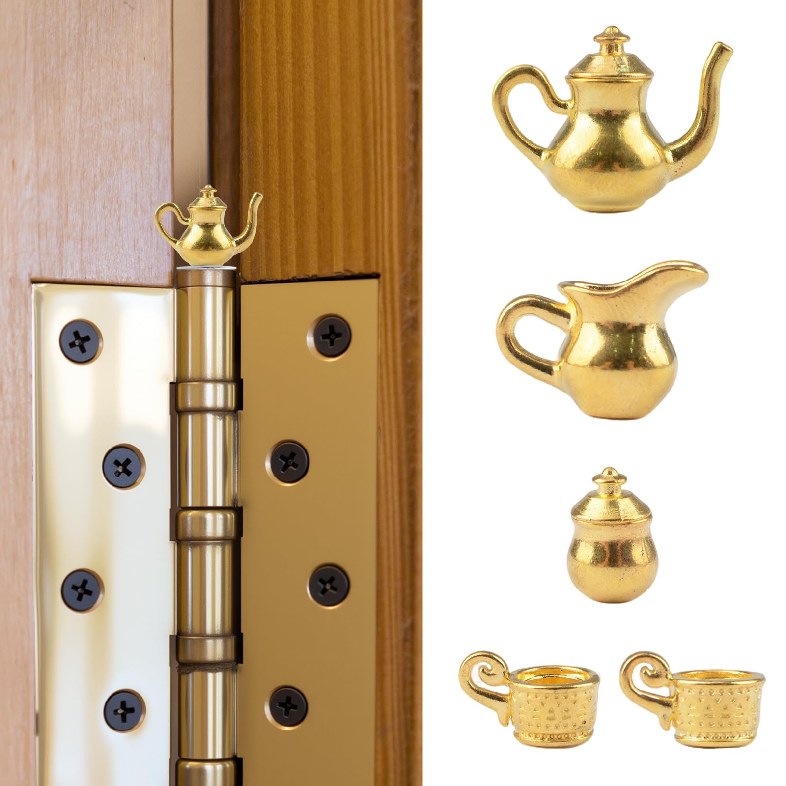 UFURMATE Hinge Head Home Decoration 5Pcs Gold Magnetic Tea Set Decorative Alloy Teacup Topper for Hinges with Magnets & Adhesives Desktop Ornaments (Tea Set)