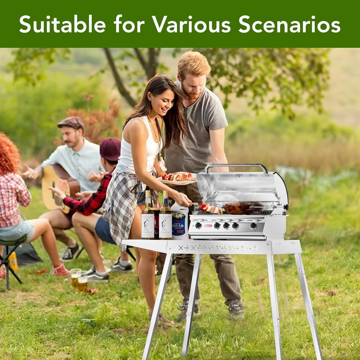 304 Stainless Steel BBQ Grill Table fits 20'' Tabletop Griddle, Adjustable Folding Grill Table,Outdoor Portable Camping Table for RV Picnic BBQ Beach