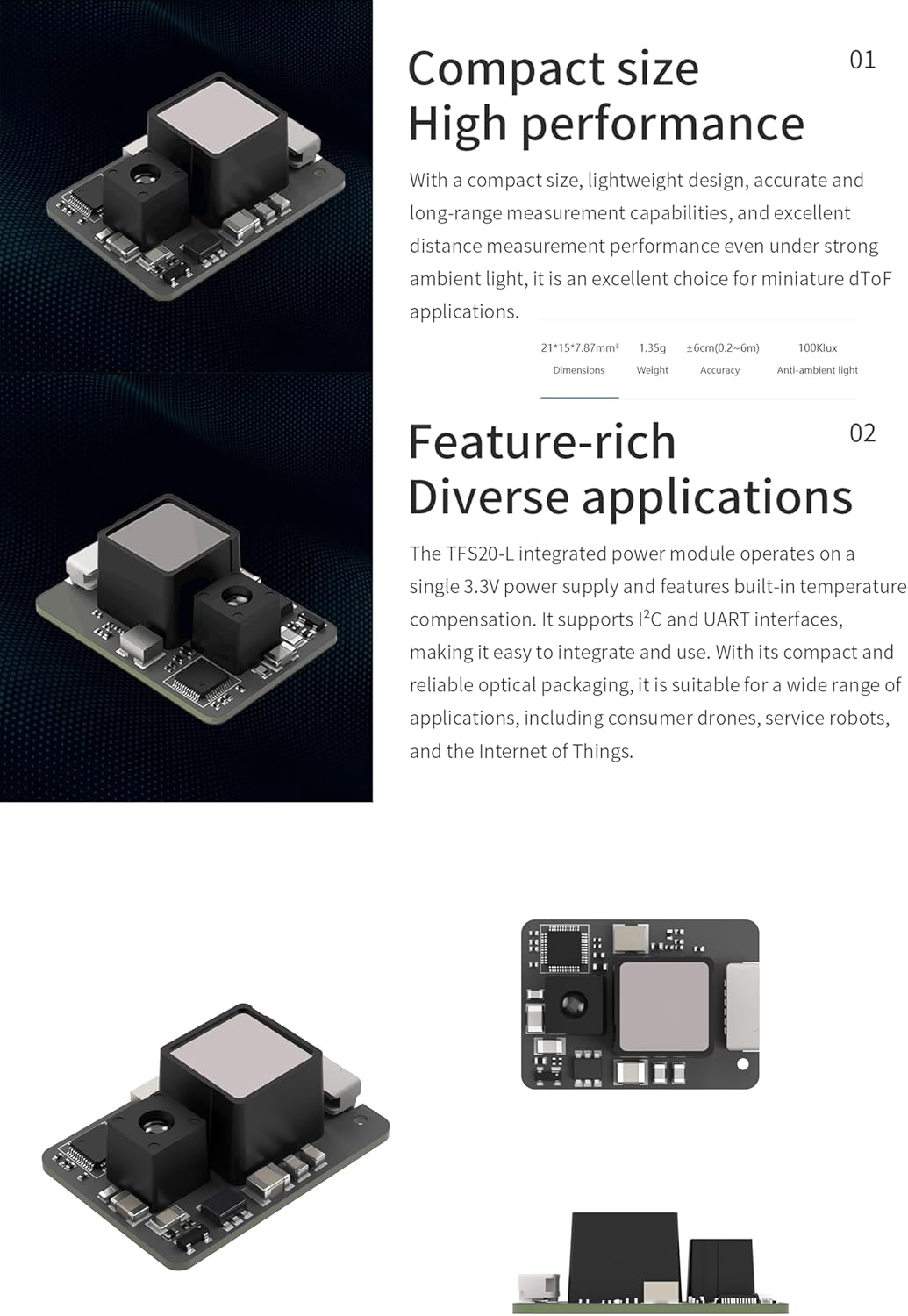 Examples of industrial applications for the TFS20-L Lidar sensor, including robot obstacle avoidance, drone altitude hold, and drone assisted landing.