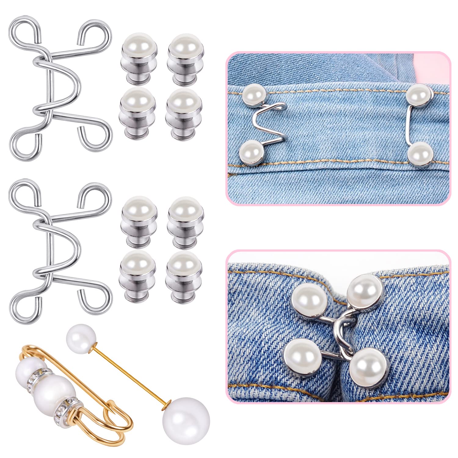 MIKIMIQIMIKIMIQI 4 Set Adjustable Waist Buckles, 2 Sets Nail-Free Pearl Waist Buckle Set and 2 Pcs Pearl Safety Pin Jeans Tighten Waist Adjustment Button Perfect Fit Instant Button for Pants