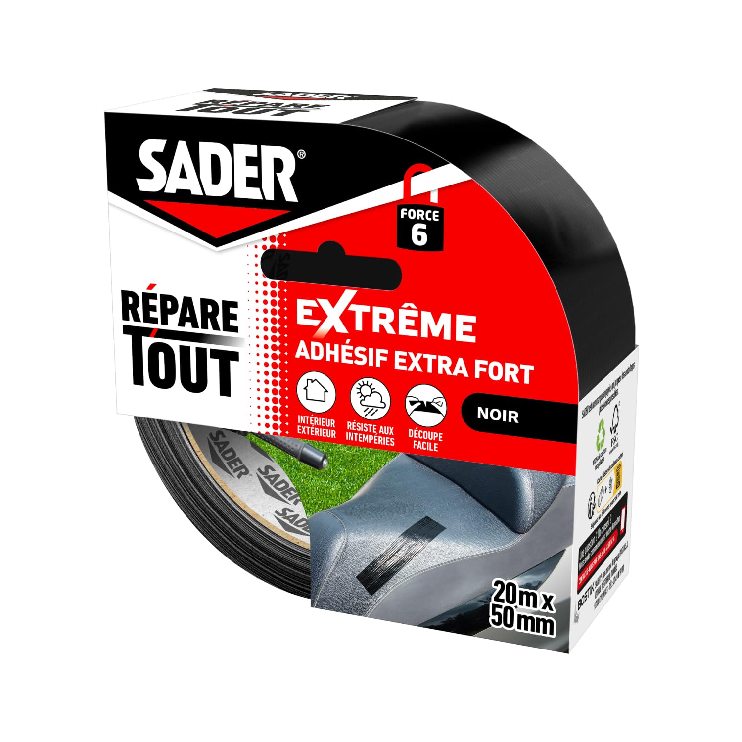 SADER Repare Tout Extrême Noir– Adhésif Extra Fort – Hautes Performances – Intérieur & Exterieur – Toutes Surfaces – Facile à Découper – 20m x 50mm
