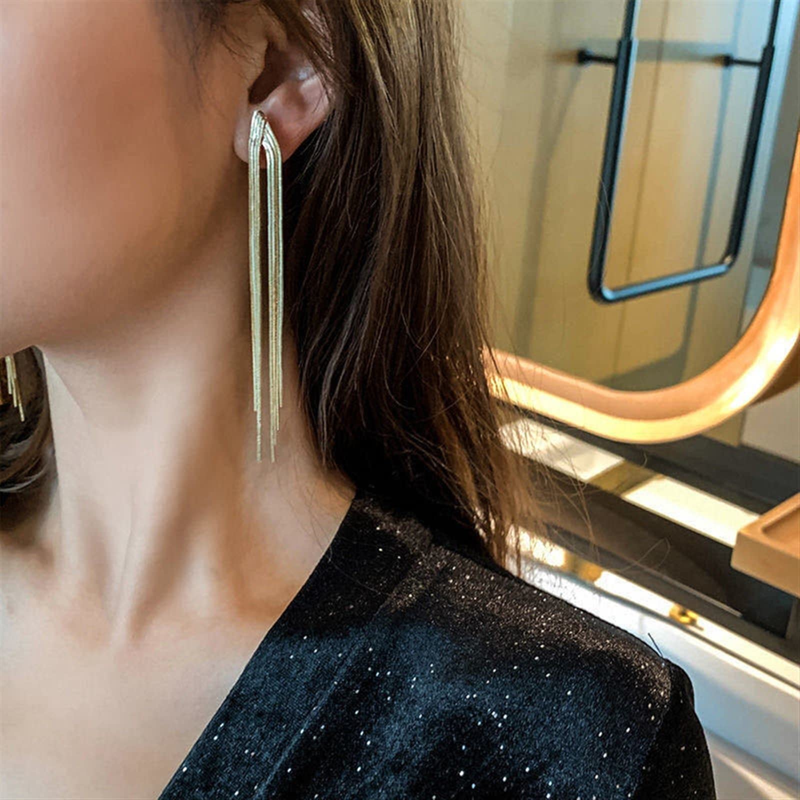 HJMMHX Damen Ohrringe Vintage Lange Quaste Tropfen Ohrringe Für Frauen Koreanische Geometrische Einfache Hängende Ohrring Hochzeit Schmuck Ohrringe