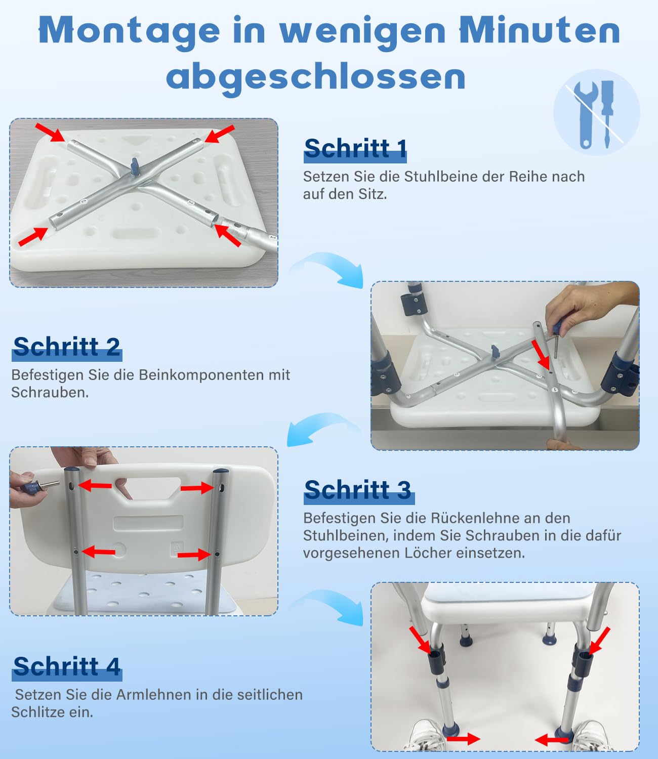 Silla de baño para personas mayores con respaldo extraíble, con capacidad de carga de 160 kg, 6 niveles de ajuste de altura (68 – 81 cm) | Silla de ducha con pies antideslizantes