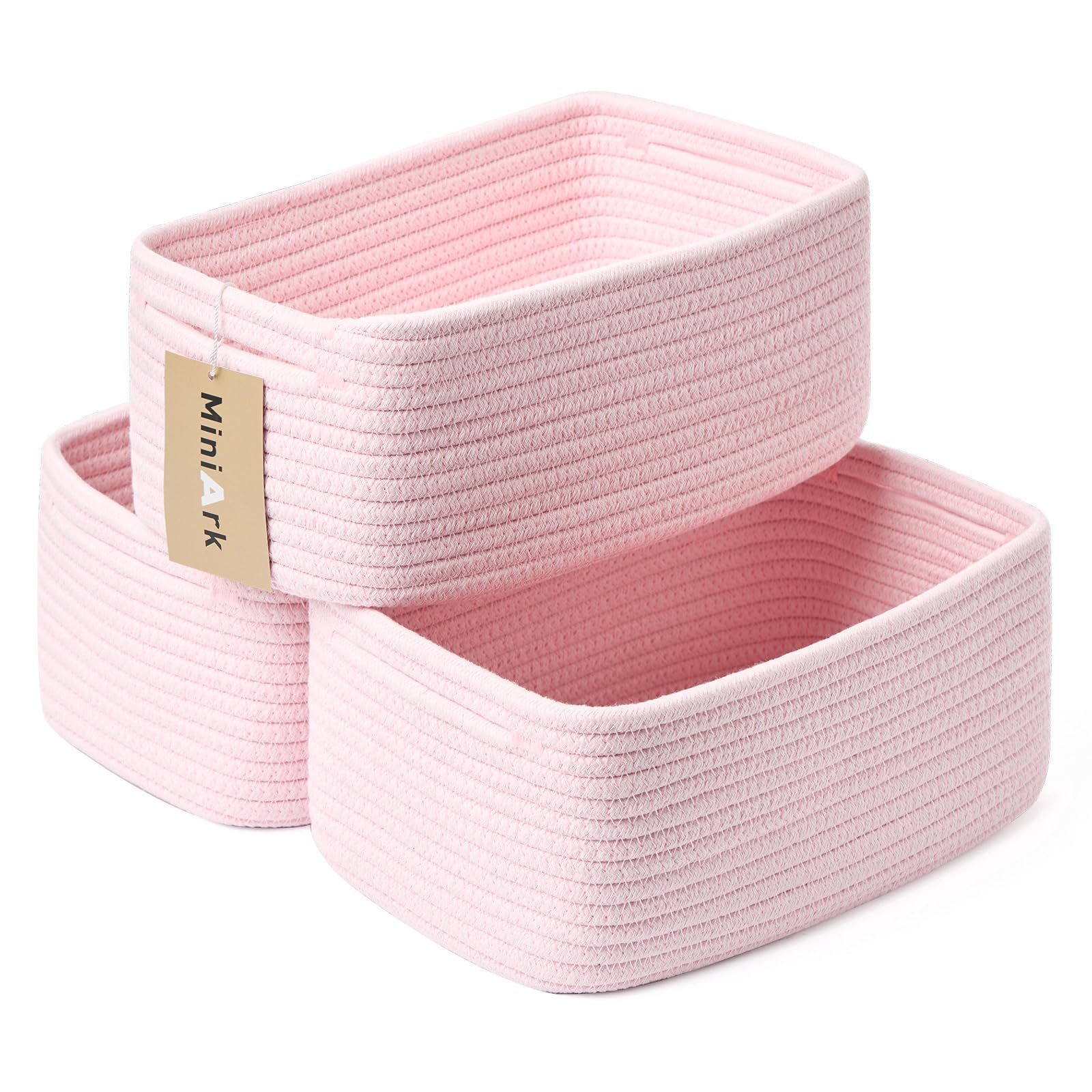 MiniArk Small Storage Baskets for Organizing | Closet Organizer Bins | Shelf Toy Basket | Woven Rope Baskets | Cube Decorative Box | Shallow Basket | 13x8.5x5.1” | 3 Packs Light Pink