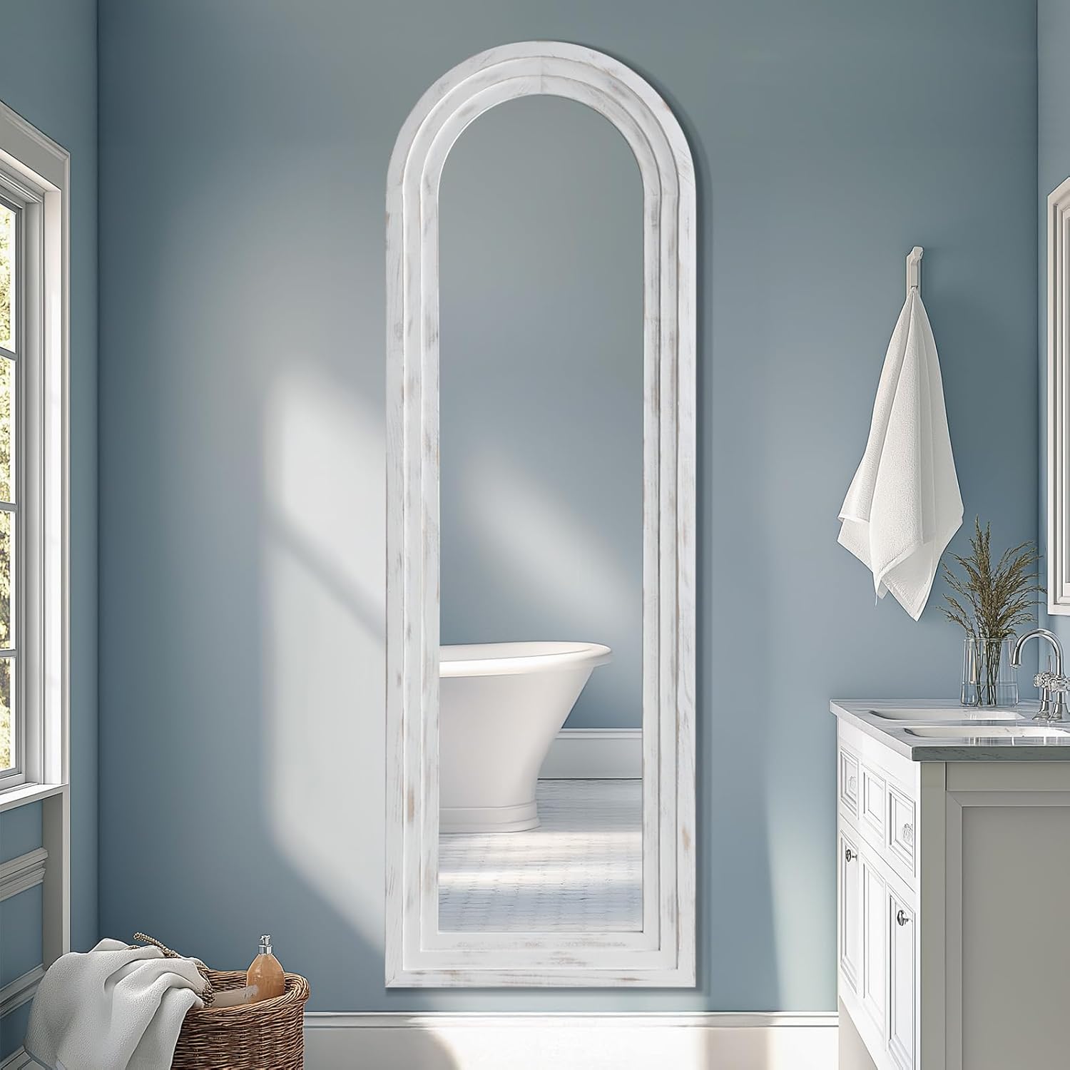 Rustic Arched Full Length Mirror Wood Frame, 64"X21" Farmhouse Floor Mirror with Stand for Bedroom Living Room Dressing Room Entryway, Free Standing Mirror Leaning or Wall Mounted, White - Image 3