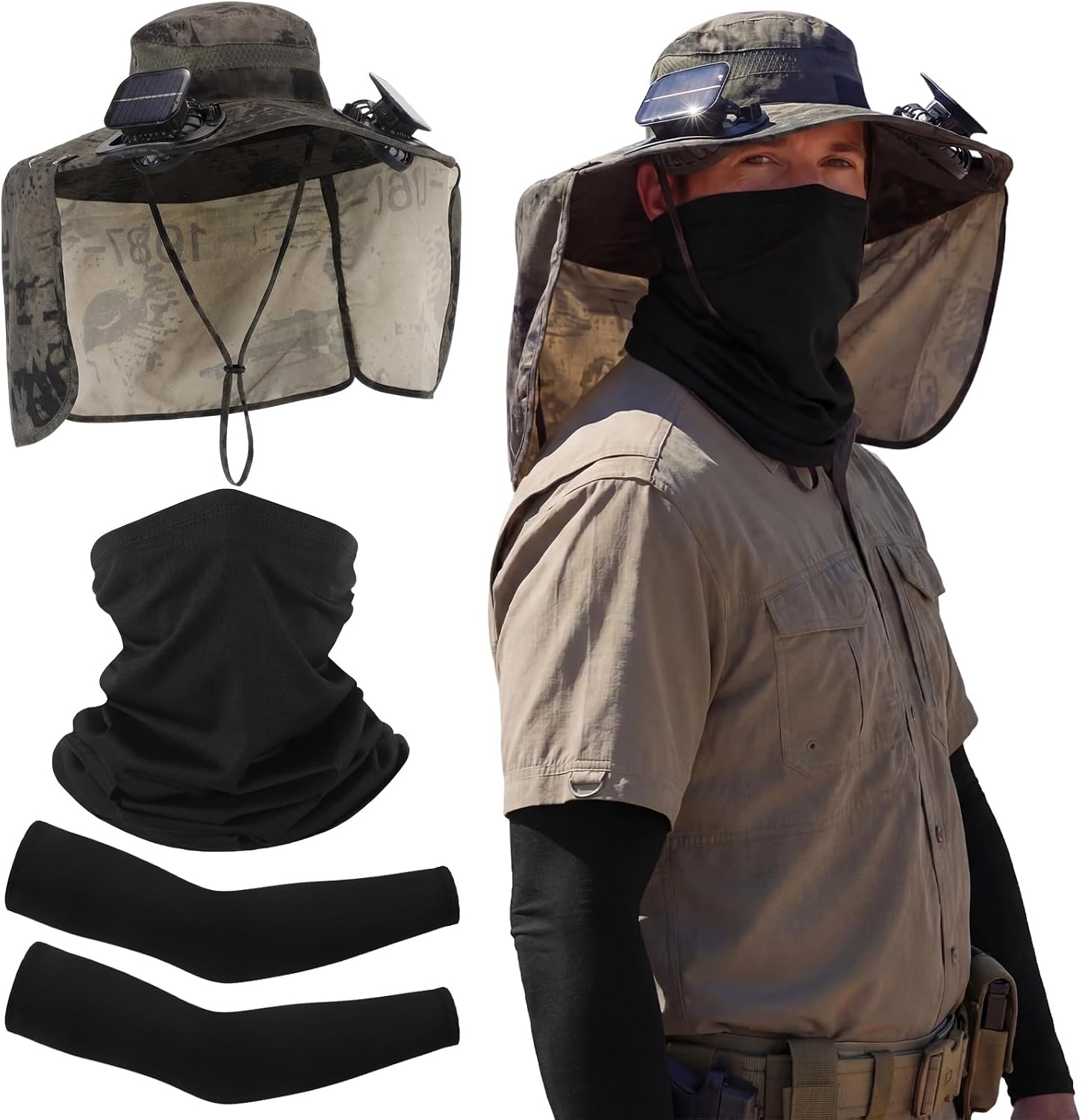 3 Packs Solar Fan Hat with Arm Sleeves and Neck Gaiter Wide Brim Fishing Hat for Outdoor Camping Hiking