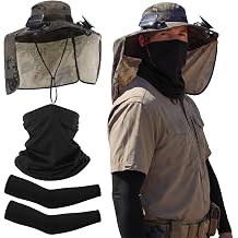 3 Pcs Solar Fan Hat with Arm Sleeves Neck Gaiter Wide Brim Sun Hat Solar Powered USB Charging for Men Women