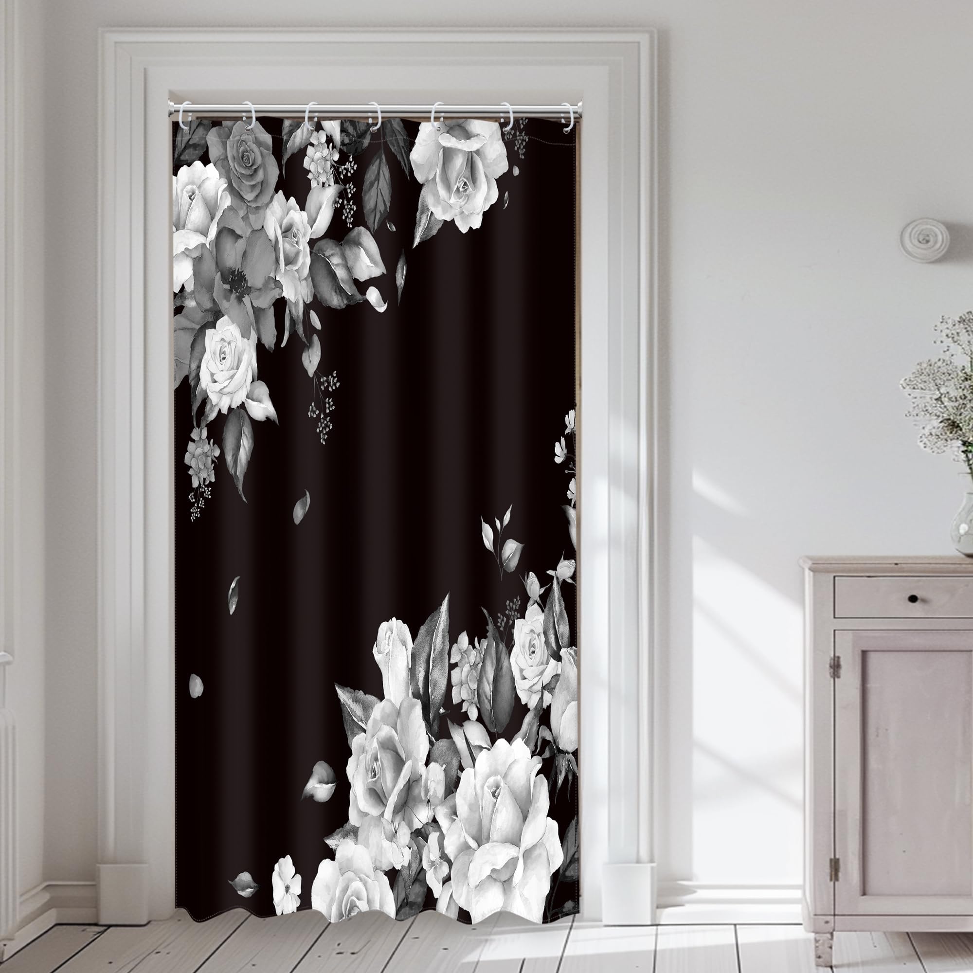 LIGHTINHOME Black Floral Small Stall Shower Curtain 36Wx72H Inches Walkin Narrow Single White Gray Blossom Roses Urban Retro Unique Modern Bathroom Home Decor Waterproof Polyester Set 12 Hooks