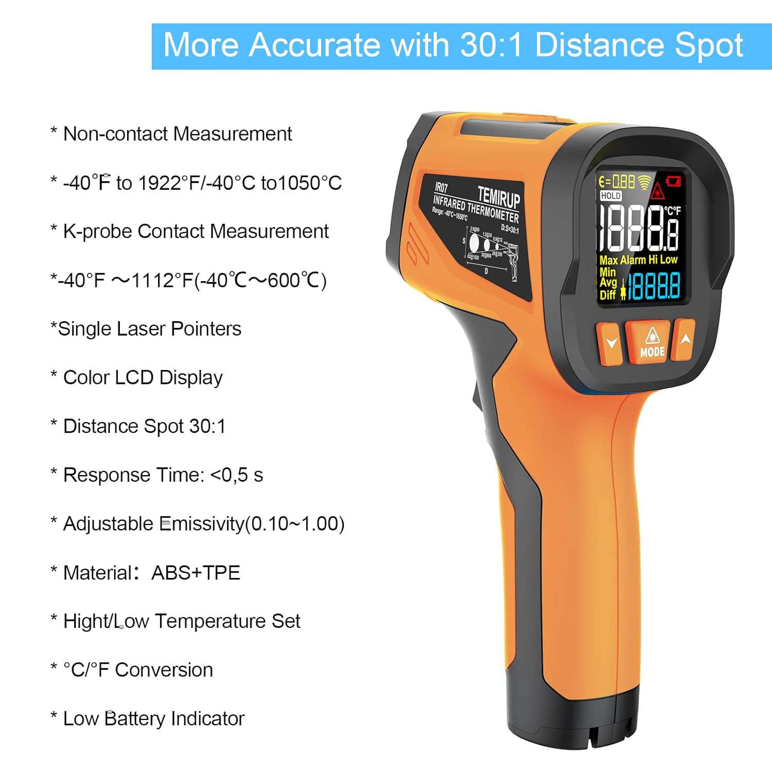 Infrared Thermometer Gun, 30:1 High Temp Pyrometer, -40℉ to 1922℉ Digital Laser IR Temperature Gun with Probe for Pizza Oven, Engine, Kiln, Forging, Cooking & Industrial Use