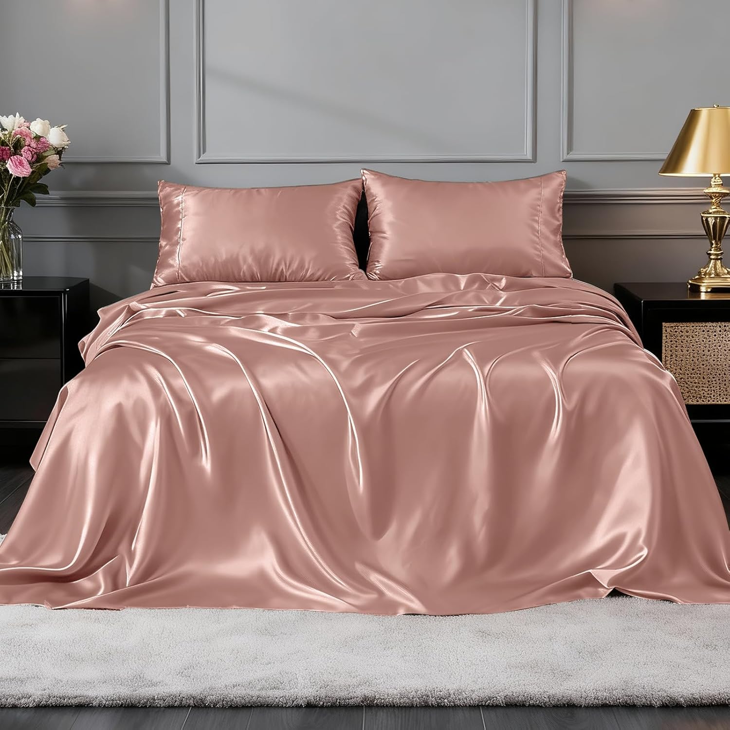 FreshCulture Satin Sheets California King - 4 Piece Luxury Soft Silky Sheets for Hair and Skin, Similar to Silk Bed Sheet Set with 1 Deep Pocket Fitted Sheet, 1 Flat Sheet & 2 Pillowcases (Blush)
