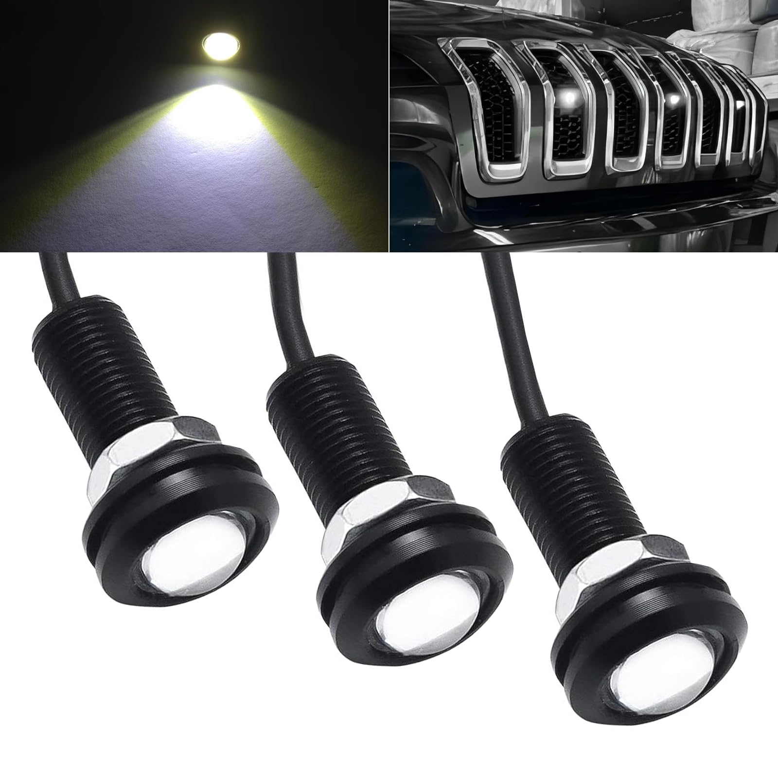 JawGrew Pack-3 Car LED Eagle Eye Light, 0.7" Waterproof Housing High Brightness DRL, 12V 6500K Front Grille Light Chassis Light with Connecting Harness, Universal for Cars Motorcycles (Black)