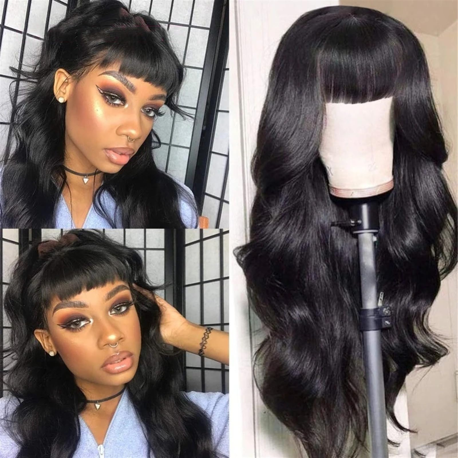 Peruki z koronką falową Peruka z grzywką Ludzkie włosy Body Wave Brak Siateczkowe peruki dla czarnych kobiet Długie, bezklejowe, pełne peruki z włosami remy, kolor naturalny Peruki z naturalnych włosó