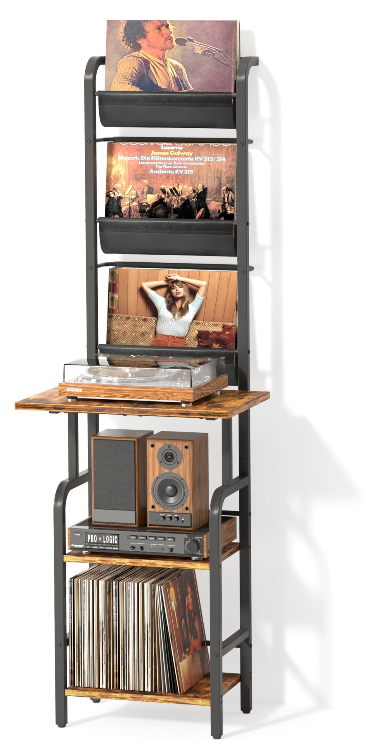 Bikoney Meuble Tourne-disque Haut avec Rangement Vinyle – Table Tourne-disque avec Étagère Murale, Support à Vinyles pour Jusqu’à 200 Albums, Meuble de Rangement pour Salon ou Chambre