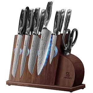Knife Set for Kitchen 14 Pieces with Magnetic Block German Razor Sharp High Carbon Stainless Steel Damascus Pattern