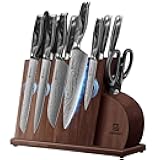 Knife Set for Kitchen 14 Pieces with Magnetic Block, German Razor Sharp High Carbon Stainless Steel Damascus Pattern, Full Tang Ergonomic Handle, Black Flowing Cloud Design