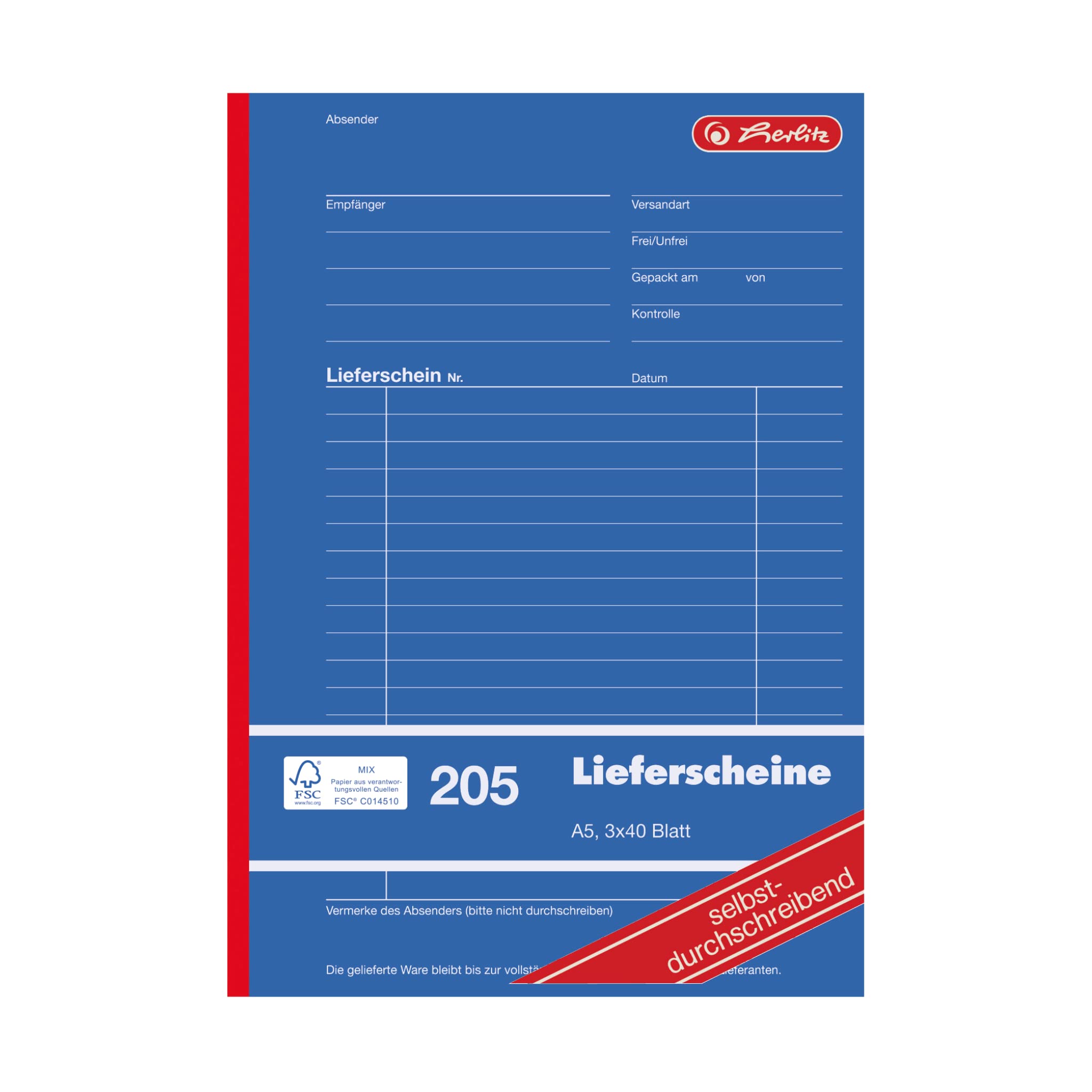 Herlitz 883546 Lieferscheinbuch A5, 3 x 40 Blatt, 205, selbstdurchschreibend 8er Pack