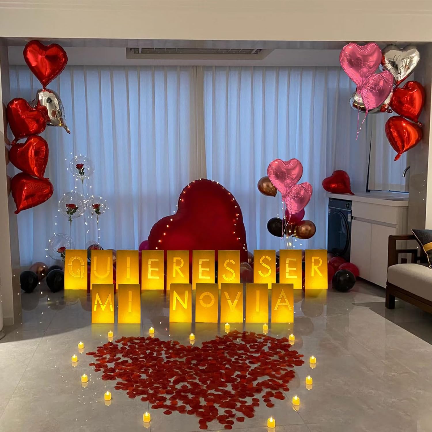Quieres Ser Mi Novia Lighted Letters Sign 17pcs Luminary Paper Bags 2200pcs Red Pink Artificial Rose Petals 48pcs Flameless LED Candle Tealight 15pcs Heart Balloons Romantic Night Valentine's Day
