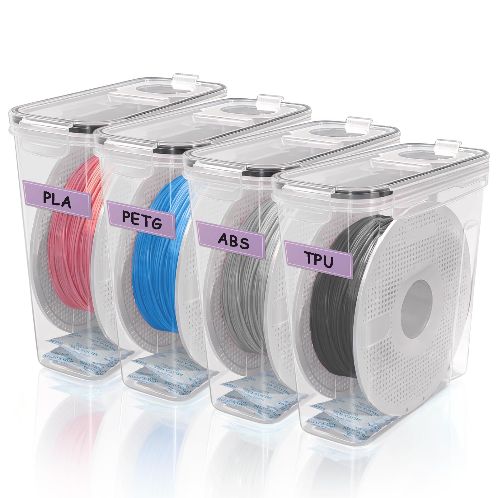 3D-Drucker Filament Aufbewahrungsbox, 4er-Pack Trockenbox mit wiederverwendbarem Silica Gel Trockenmittel für 1KG PLA ABS PETG Filamentspulen, Schützt vor Feuchtigkeit