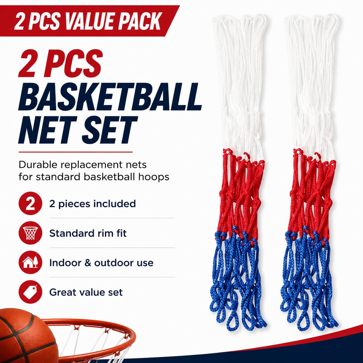 Basketballkorbnetz aus Nylon, 8 Schlaufen, Standard, langlebig, Ersatznetz, professionelles Wettkampfnetz, Weiß, Rot, Blau, 2 Stück