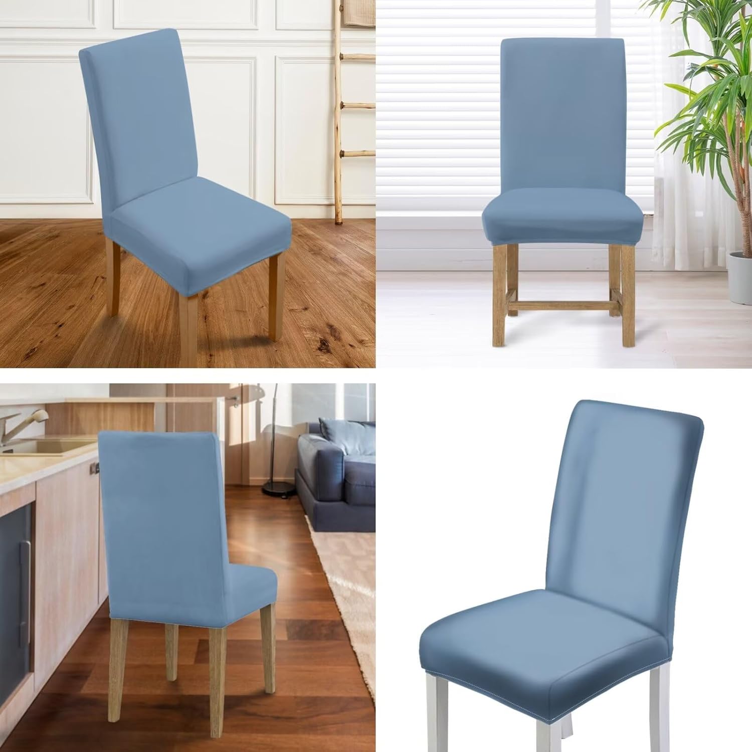 Solid Blue Dining Chair Covers 4 Pcs Set and Bench Cover Stone Slab Blue Armless Chairs Seat & Back Cover Washable Chair Covers for Dining Chairs Stretch Kitchen Slipcovers