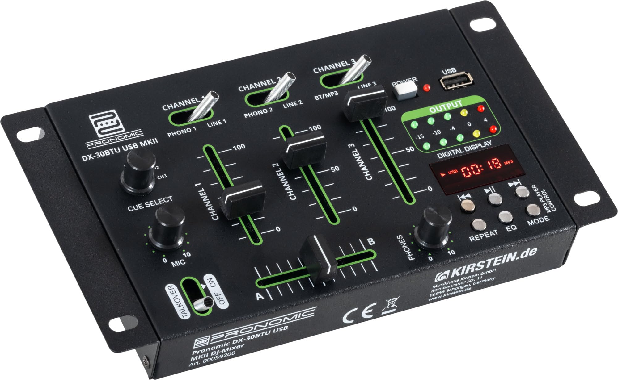 Pronomic DX-30BTU USB MKII DJ-Mixer con Bluetooth, Función Cue, 3 mm | Mezclador DJ de 3 canales, Interfaz Bluetooth integrada, Ultraglide faders súper suaves de 45 mm, Construcción robusta, 3 mm