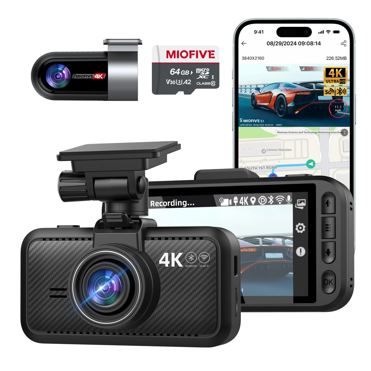 Miofive 4K/4K Dashcam Auto Vorne Hinten, GPS, 5.8GHz Wi-Fi, Dual Auto Kamera mit Nachtsicht, kostenlose 64-GB-Karte, 3-Zoll-IPS-Display,Loop-Aufnahme, HDR, APP Steuerung, Support 512GB Max