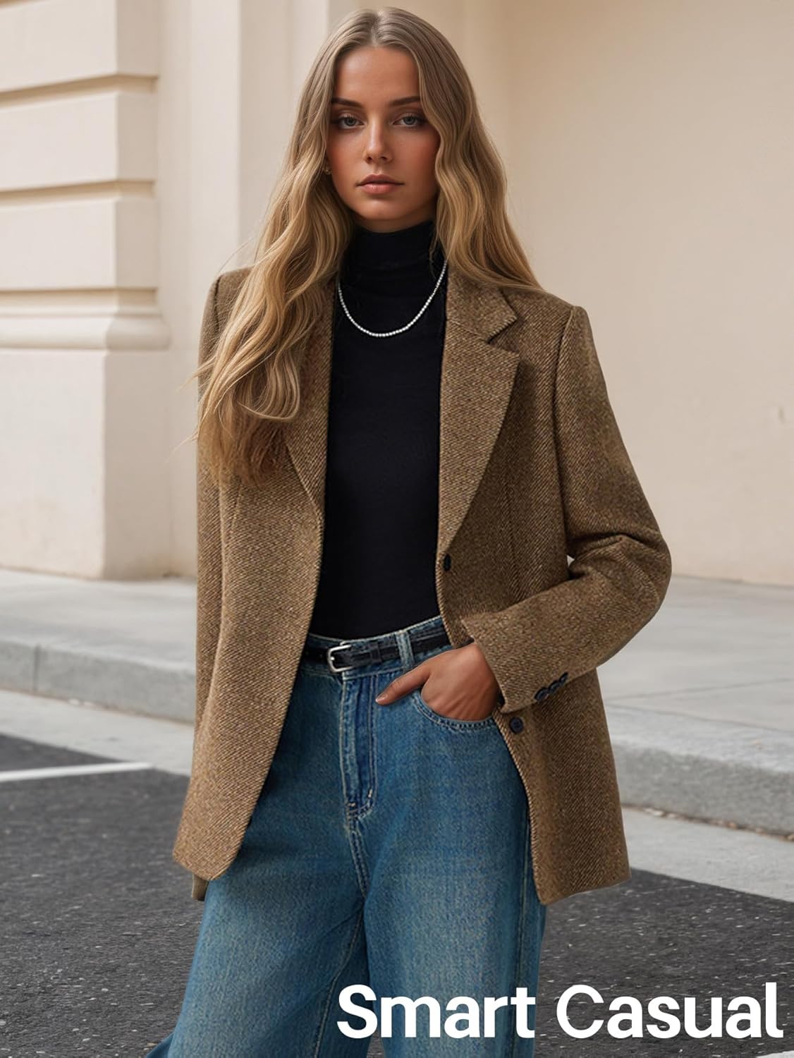 Mina Self 2026 Spring Women Herringbone Tweed Wool Blazer-Lapel Collar Business Casual Long Sleeve Office Jacket with Pockets - Image 4