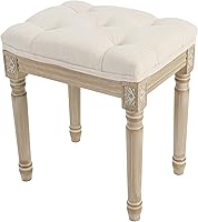 Yusong Beige Upholstered Vanity Stool with Tufted Seat & Carved Rustic Wood Legs - Vintage Piano Bench for Makeup, Bedroom, Entryway, Easy 15-Min Assembly