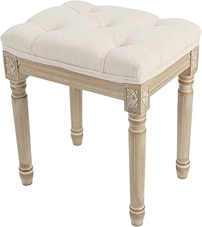 Yusong Vanity Stool Upholstered Bench Seat for Makeup Room, Vintage Small Bedroom Bench Dining Bench with Tufted Fabric for Living Room, Piano Stool with Rustic Wood, Easy Assemble,Beige