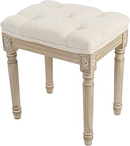Yusong Upholstered Vanity Stool with Tufted Fabric and Rustic Wooden Legs, Beige