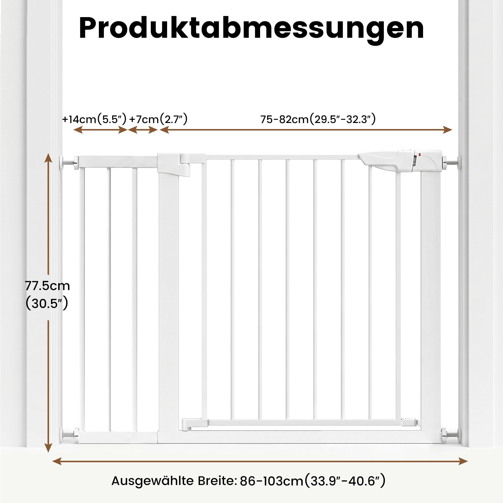 Treppenschutzgitter ohne Bohren, Türschutzgitter Kinderschutzgitter für Kinder und Haustiere, Verstellbare Breite 86-103 cm, Beidseitige Einhand Öffnung, Weiß