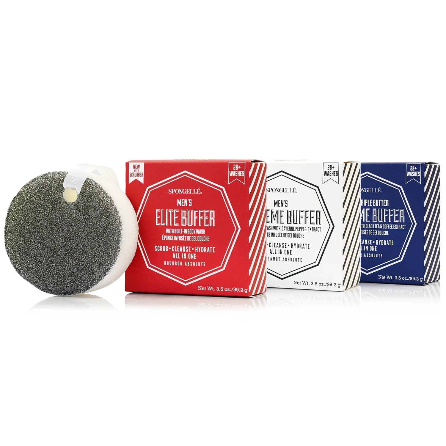 SPONGELLÉ Men's Absolute Proud American Bundle – Elite (Bourbon), Extreme (Bergamot), Supreme (Cedar) | Body Wash Infused Buffer | Cruelty-Free, Vegan, Dermatologist-Tested, Made in USA | $48 Value