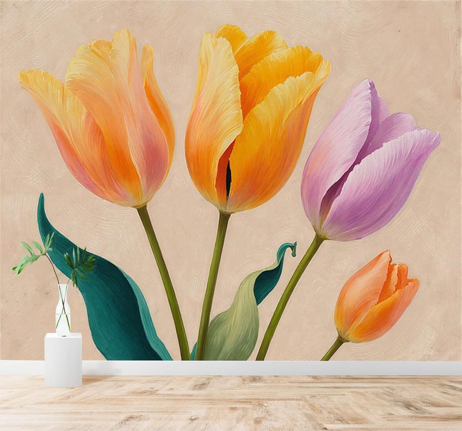 XLMING Brightly Coloured Tulips Flowers Plants Art Beige Background 3D Wallpaper Premium Textured Silk Study Dining Living Room Bedroom Sofa TV Wall Easy Install-250cm×170cm