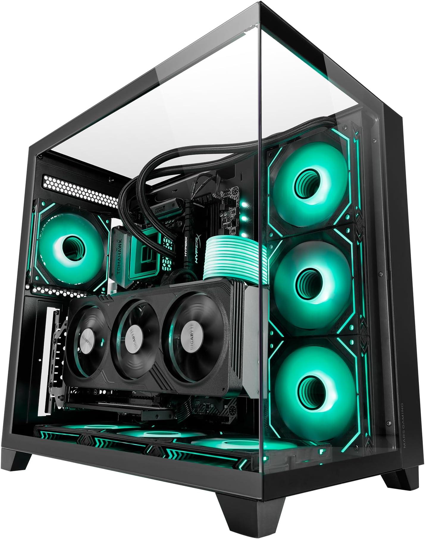 MARSGAMING MC-3C Gaming ATX Case, 3D Panoramic View with Triple Tempered Glass, Side Double Chamber Design, Full Support Water Cooling, Mid-Tower PC with Cable Management, Black