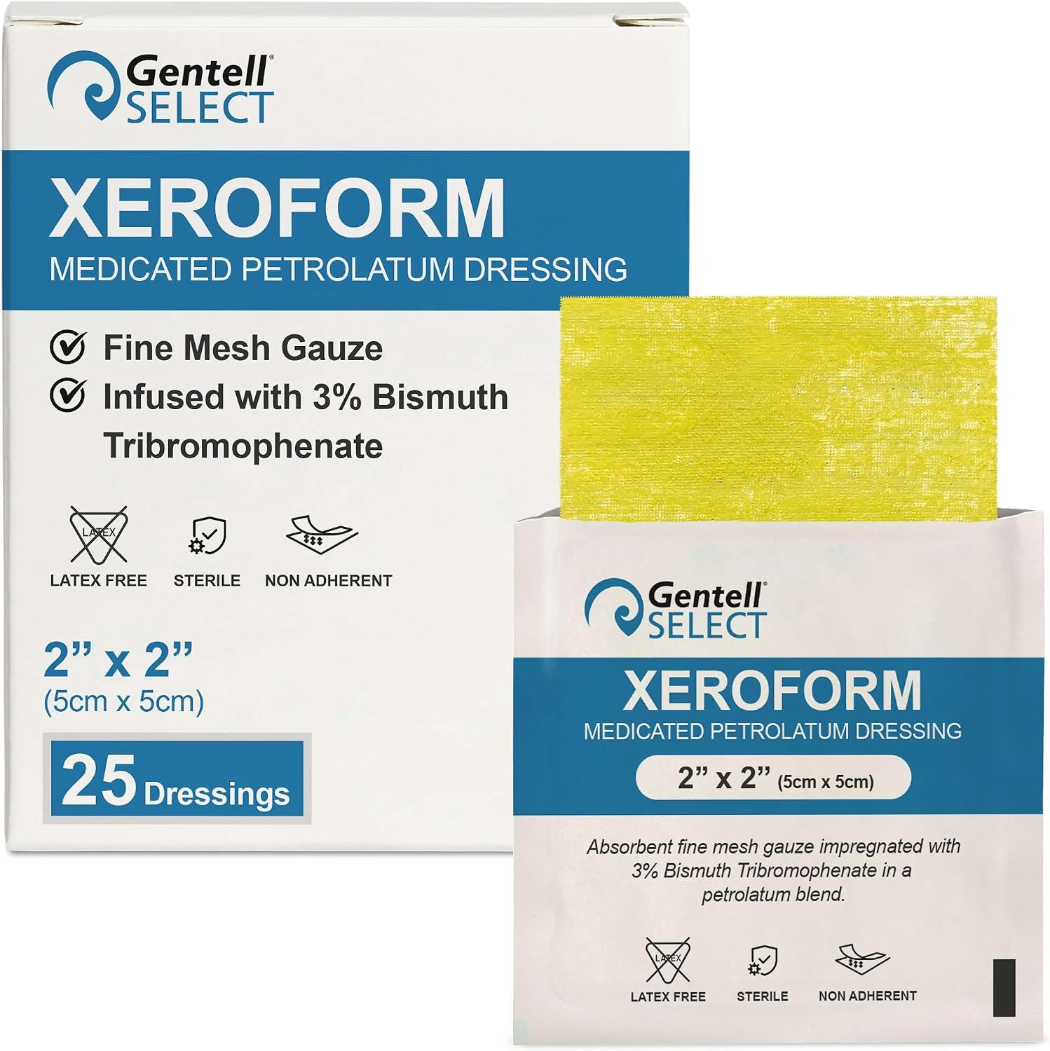 Medicated Xeroform Petrolatum Dressing 4x4 50 Pack, Fine Mesh Gauze Wound Dressing Infused with 3% Bismuth Tribromophenate in Petroleum Blend, Non Adherent Bandage for Wounds, Latex Free