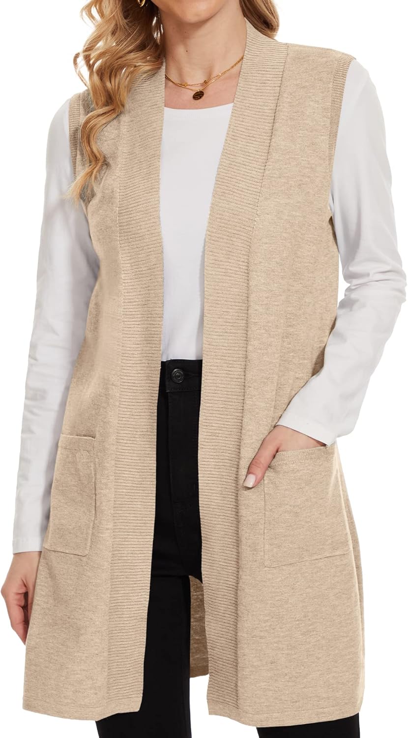 Beautiful Nomad Sleeveless Cardigans for Women Long Sweater Vest Jacket Ribbed Outerwear Coat with Pockets - Image 4