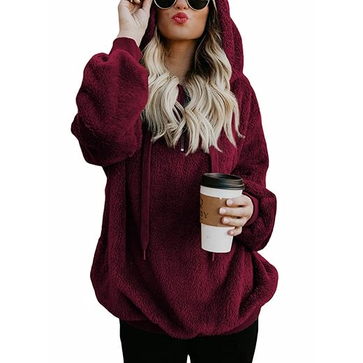 American Trends Oversized Sweatshirts for Women Athletic Womens Sherpa Hoodie Fluffy Women's Hoodies Pullover with Pockets Burgundy Large