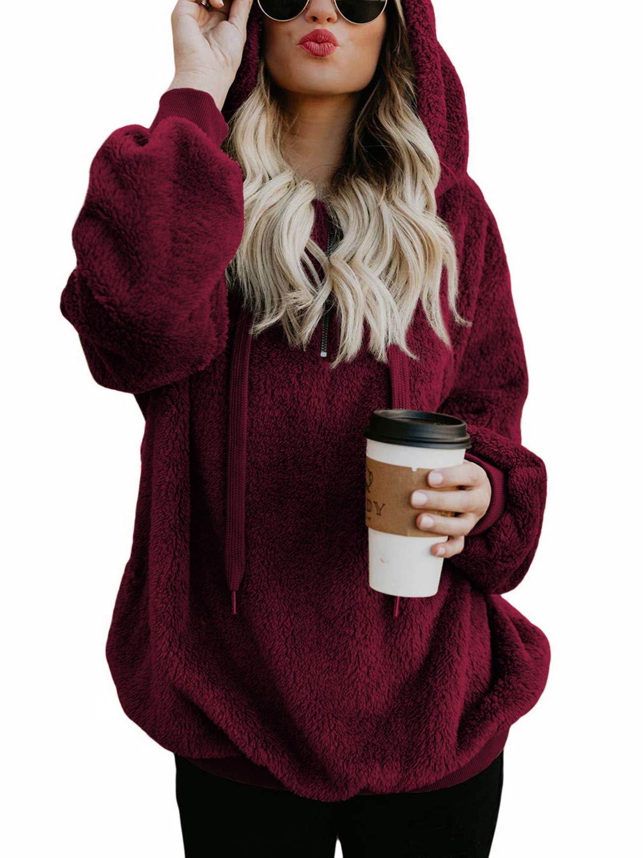 American Trends Oversized Sweatshirts for Women Athletic Womens Sherpa Hoodie Fluffy Women's Hoodies Pullover with Pockets Burgundy Large