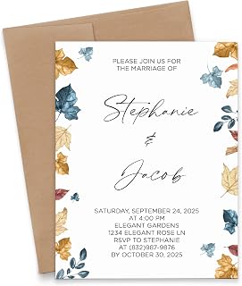 Modern Pink Paper Autumn Wedding Invitation, Customized Ceremony Invite with Envelopes, Fall Invitations Personalized Invites with Maple Leaves, Your choice of Quantity and Envelope Color