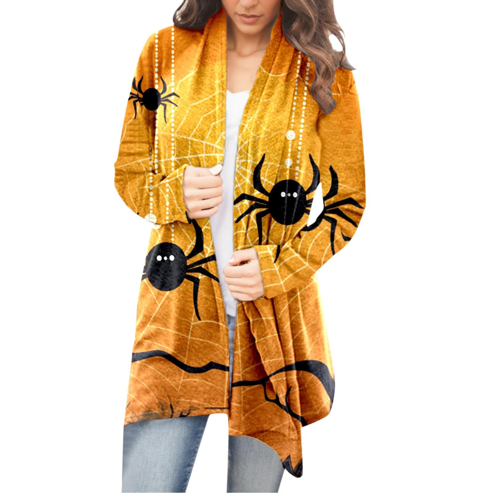 Womens Long Sleeve Halloween Cardigan Fall Open Front Ligthweight Cardigan Sweater Casual Pumpkin Animal Costumes
