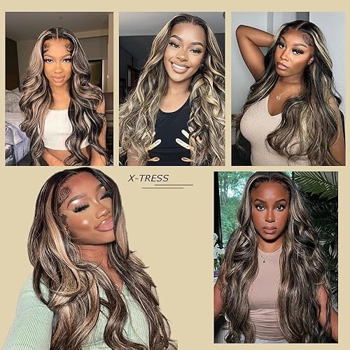Miniatura 3 de X-TRESS Peluca rubia negra con reflejos, peluca frontal de encaje con encaje HD predepilado de 13 x 4 x 1, peluca sintética de 28 pulgadas de largo,