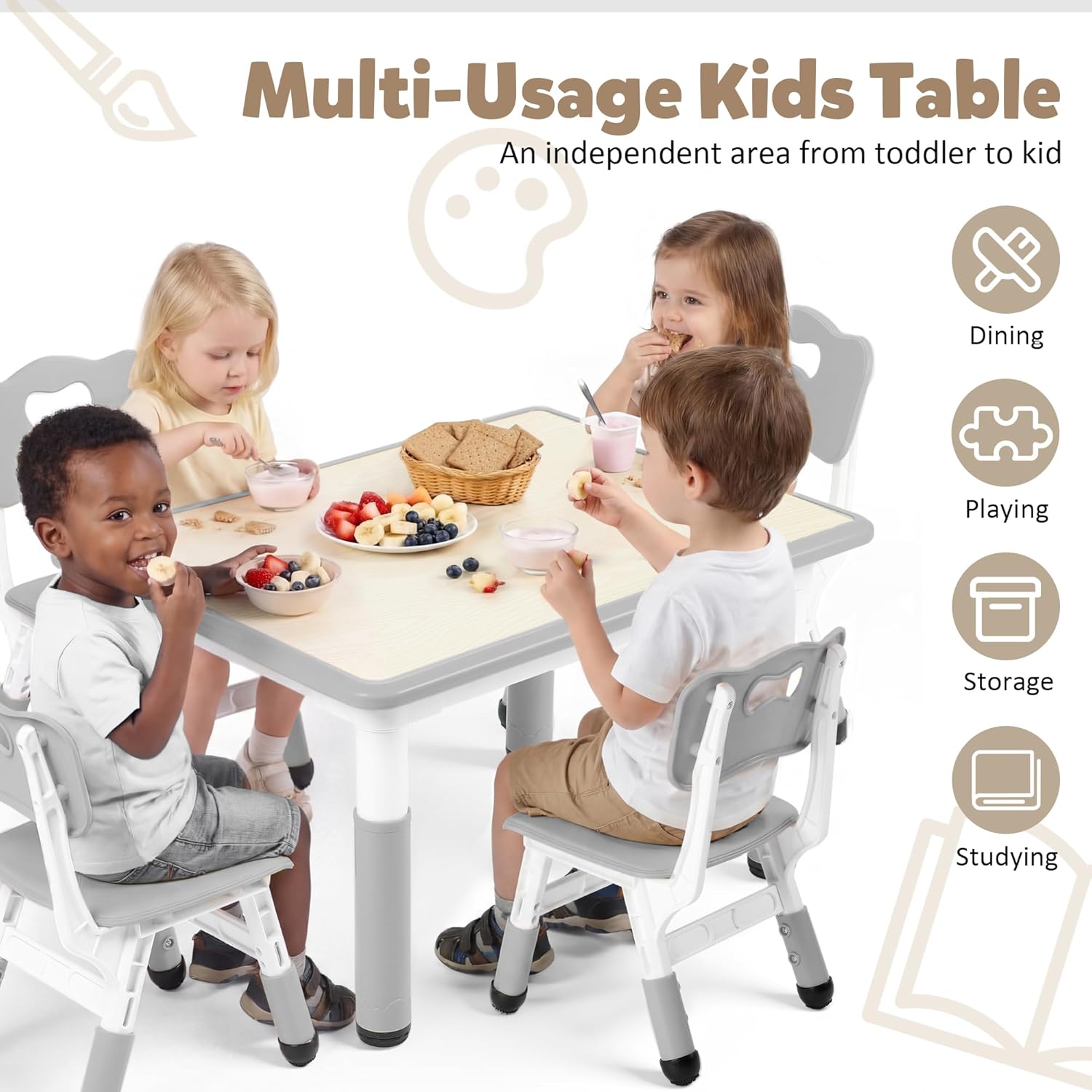TODEFULL Kids Table and 4 Chairs Set for Toddlers, Height Adjustable Toddler Desk 31.5" L x 23.6" W Graffiti Tabletop, Home/Preschool/Daycare/Classroom Study Activity Table and Chairs for Kids 2-5