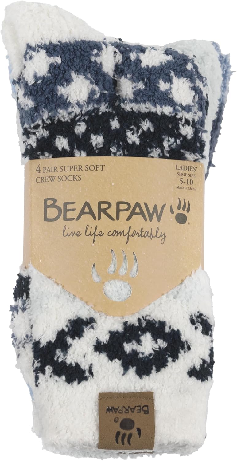 BEARPAW 4 Pair Pack Cozy Super Soft Lounge Socks Multi Pattern Crew Socks - Image 3