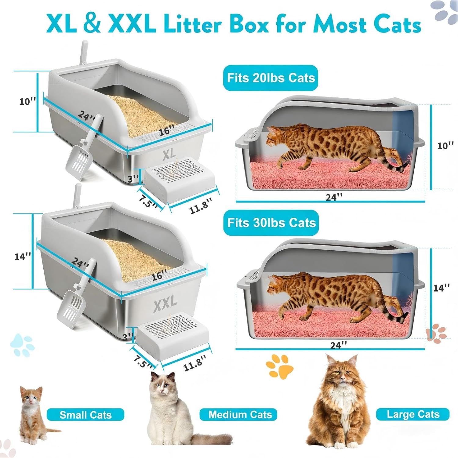 Stainless Steel Cat Litter Box with Lid, Extra Large Metal Litter Boxes for Big Cats & Kitten, XL High Sided Litter Box,Odorless,Non-Stick,Easy Cleaning, Step & Scoop Included (XXL-2PK, Count, 2)