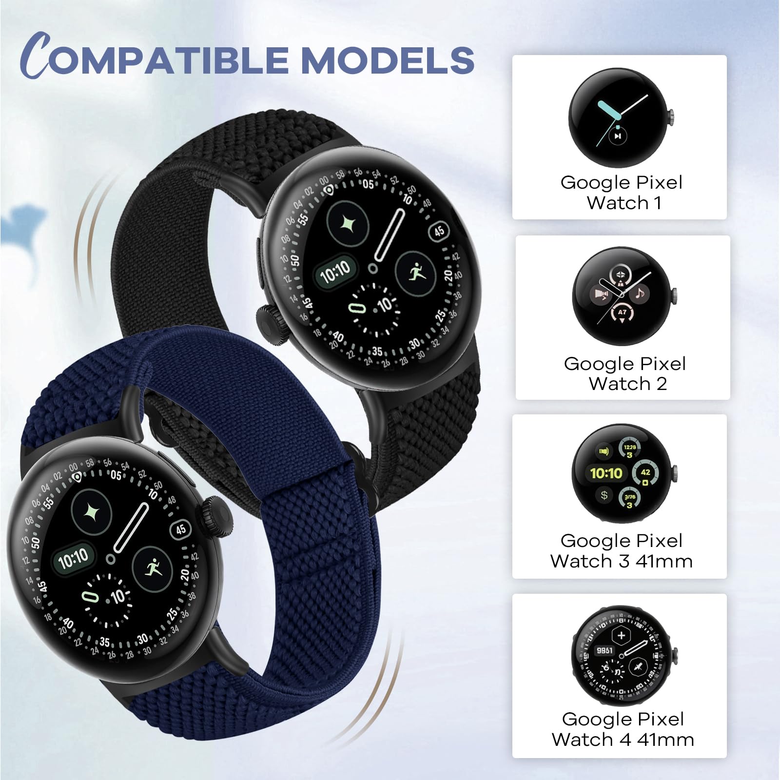 Elastic Watch Straps Compatible with Google Pixel Watch 4/3 41mm/Pixel Watch 2/1 Bands for Women Men, Adjustable Stretchy Sport Nylon Bands Replacement Wristbands 3 Pack — view 3