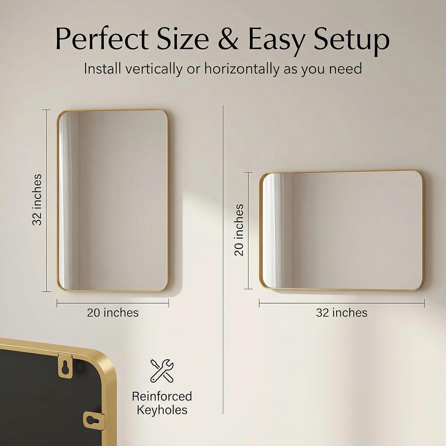 Tangkula Gold Bathroom Mirror 20 x 32 Inch, Metal Framed Rounded Rectangle Wall Mounted Vanity Mirror, Matte Gold, Tempered Glass, Anti-Rust, Hangs Horizontally or Vertically