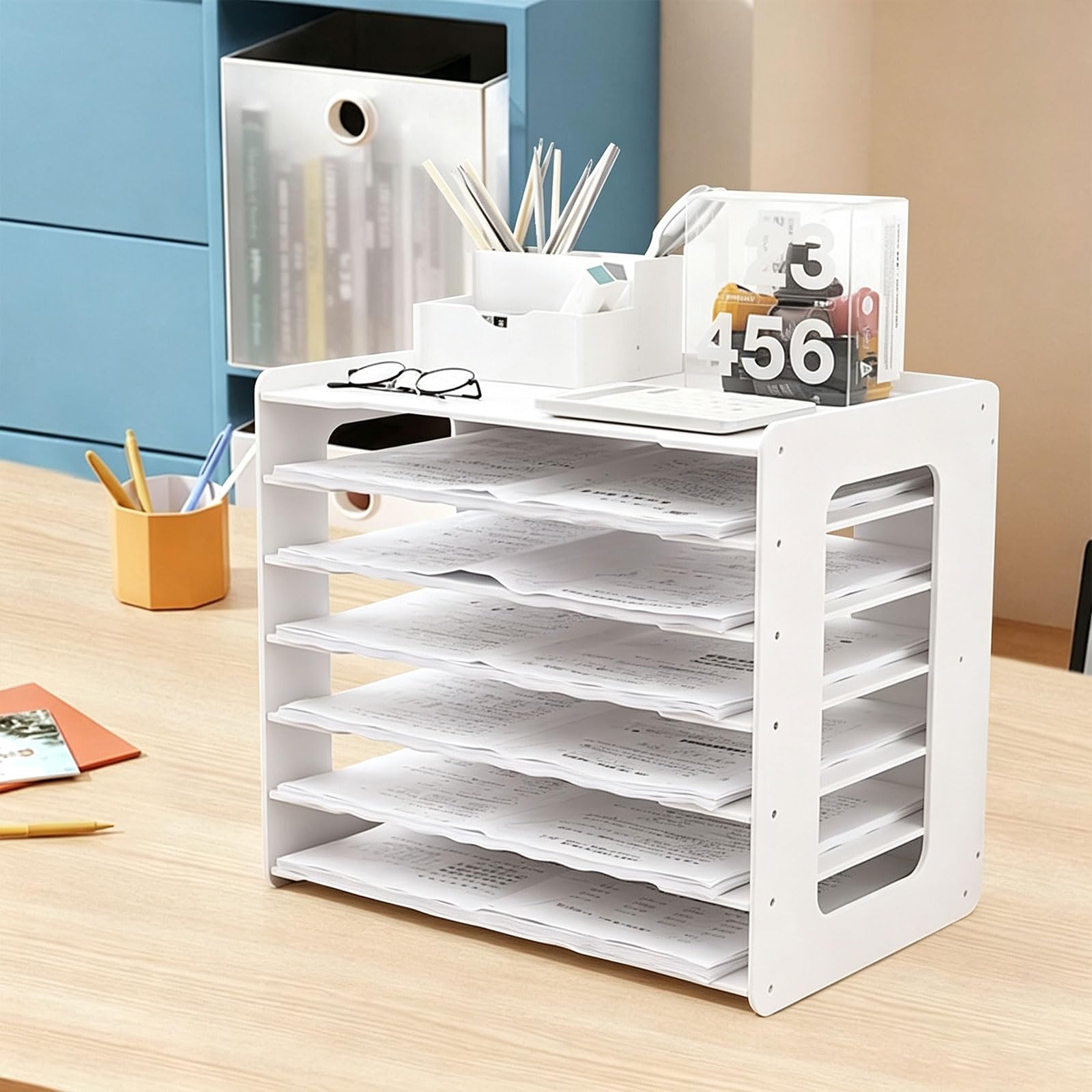 Organizador De Papel A3 Extragrande Con 7 Compartimentos – Estante Para Carpetas De Escritorio Blanco, Organizador De Bandejas Para Papel Para Oficina Y Escuela, Revistero Y Archivador.