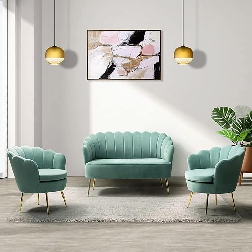 Miniatura 307 de HULALA HOME Moderno sofá biplaza de terciopelo con respaldo en forma de flor, cómodo sofá tapizado de 2 plazas con patas de metal dorado, sofá