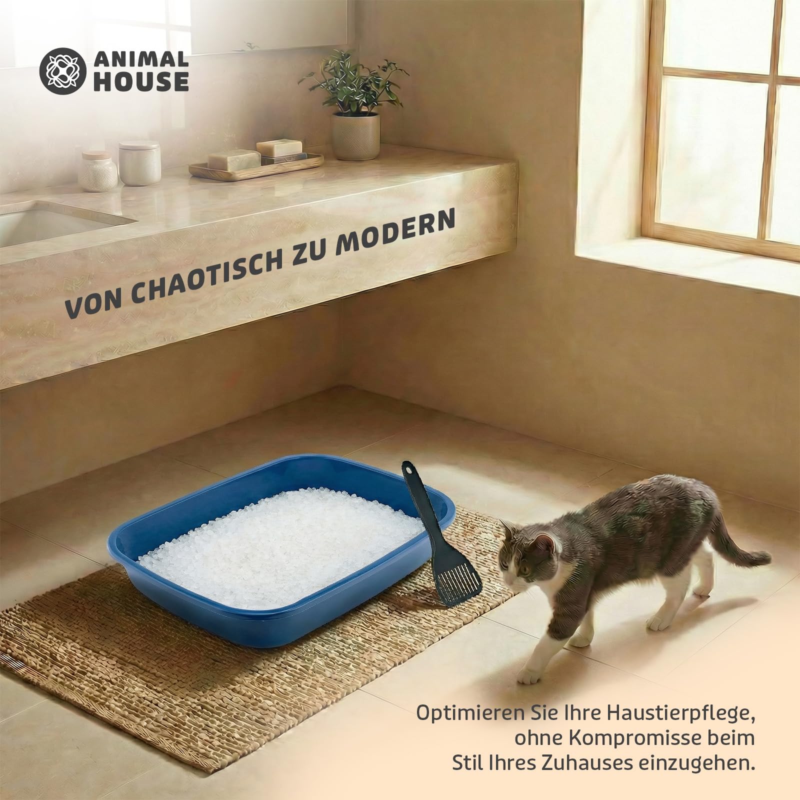 Animal House Katzenklo ohne Rand, Offene Katzentoilette mit Schaufel inklusive, Größe M 37x27x8,5 cm, Katzentoilette aus Kunststoff, Praktisch und Hygienisch